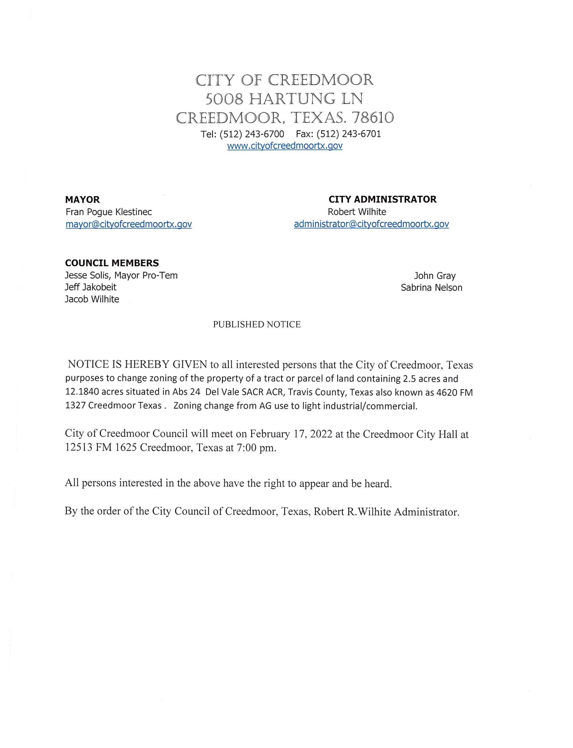 Published Notice Welcome To Creedmoor Texas