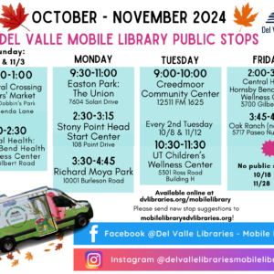 Flyer describing the days the Del Valle Mobile Library will be visiting the Creedmoor Community Center.