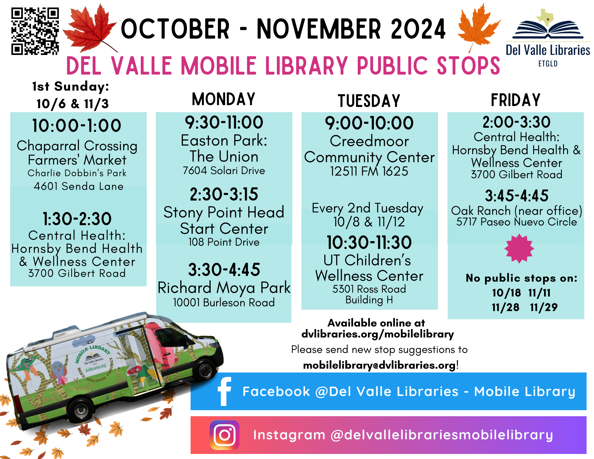 Flyer describing the days the Del Valle Mobile Library will be visiting the Creedmoor Community Center.